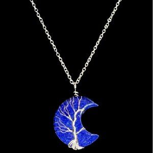 Sodalite Spiritual Crescent Moon, Tree of Life Wire Wrapped Necklace.
